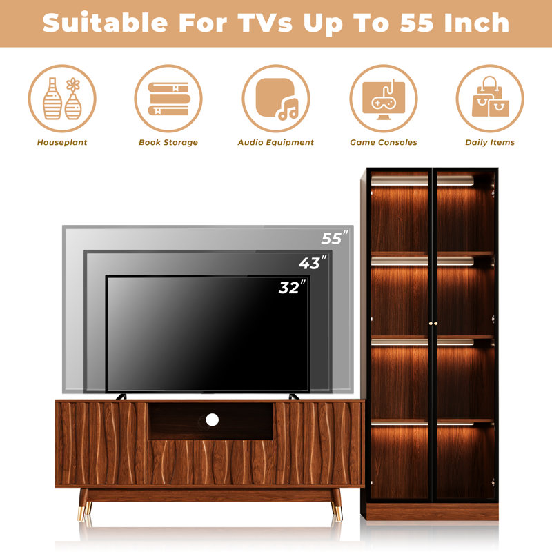 Meuble audio-vidéo de 79,5 po de largeur à finition noyer avec bibliothèque pour téléviseur 35/45/55 po, meuble télé Mid-Century en bois moderne avec rangement et vitrine à 4 niveaux avec portes en verre pour le salon, brun