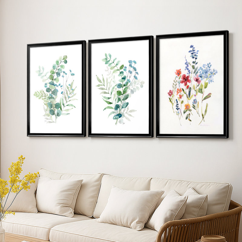 Blue Mist Eucalyptus I - Toile tendue avec châssis sur mesure - 3 pièces, H 21 po x l 30 po, Noir