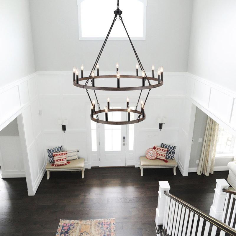 Wiam 40 in. 20 Light 2-Tiers Candle Style Dimmable Farmhouse Wagon Wheel Chandelier for Entryway Living Room Bedroom Foyer