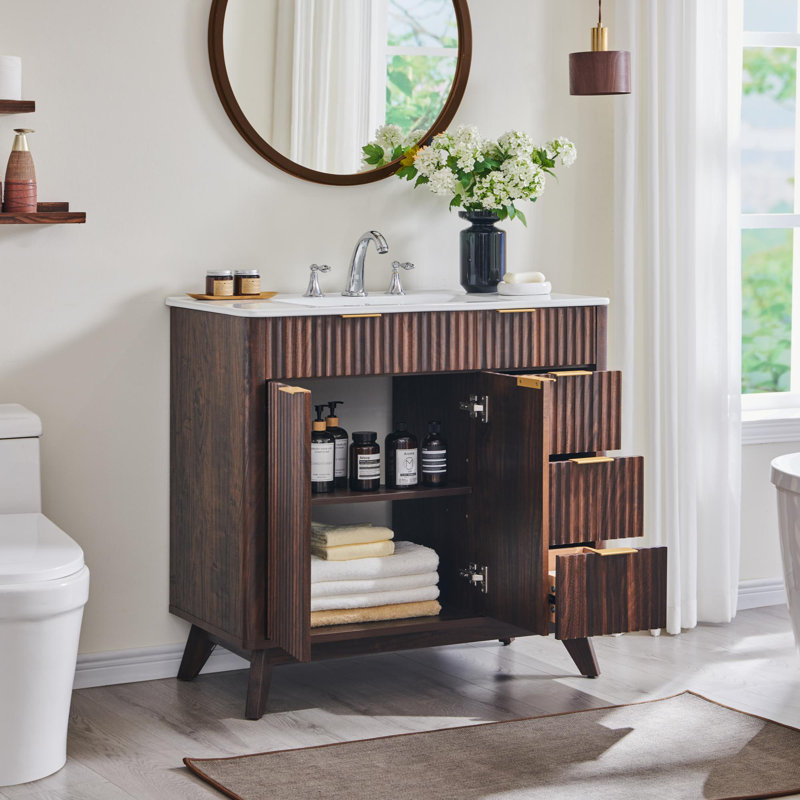 Meuble-lavabo sur pied 36 po avec lavabo en céramique, Noyer
