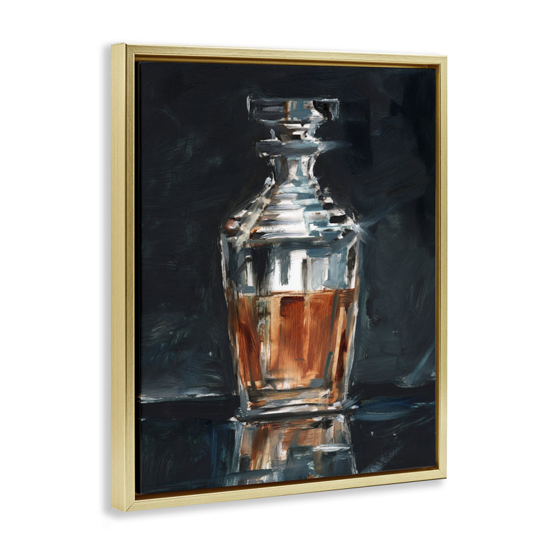 "Whiskey Decanter Still Life", art mural encadré flottant par Ethan Harper, Cadre flottant métallique doré, H 31 po x l 25 po