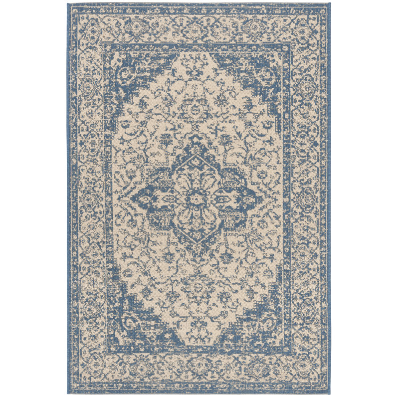 Girard Hooked Cream/Blue Indoor/Outdoor Rug, Rectangle 79 x 152 cm