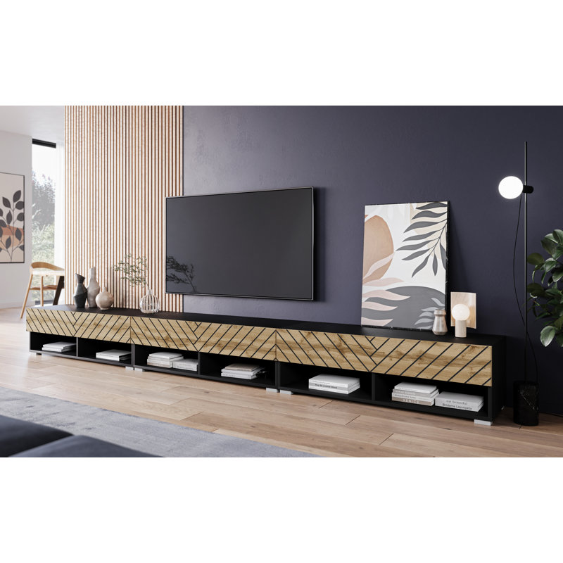 Lowboard Tv Cabinet "anne", With Mdf Doors, With Led Lighting, Matte Black With 3d Herringbone Pattern