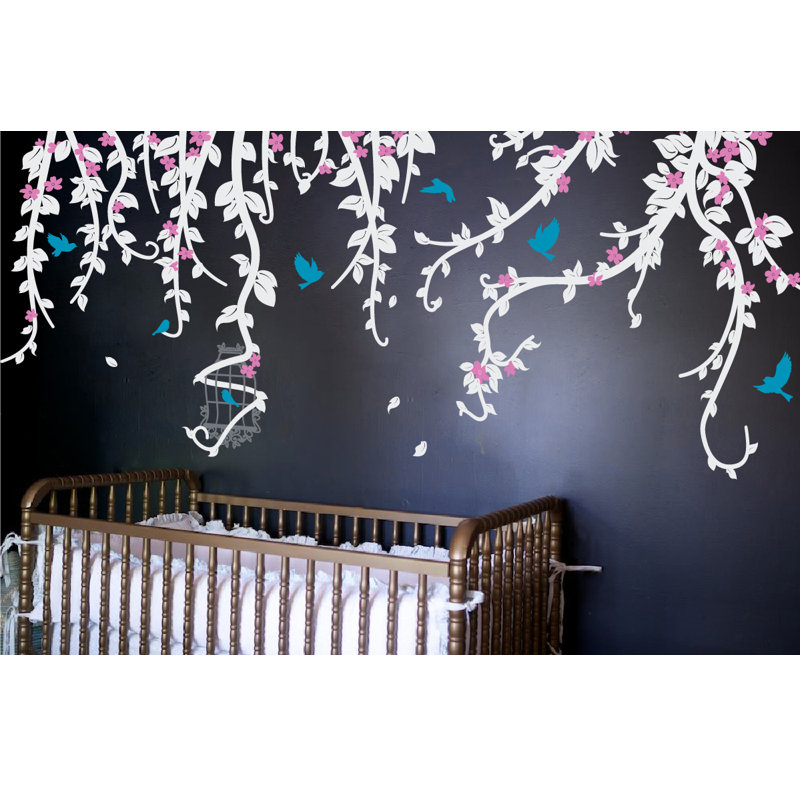 Décalcomanie murale vignes et cage, 34" H x 80" lx 0.01" D, Blanc / rose / bleu