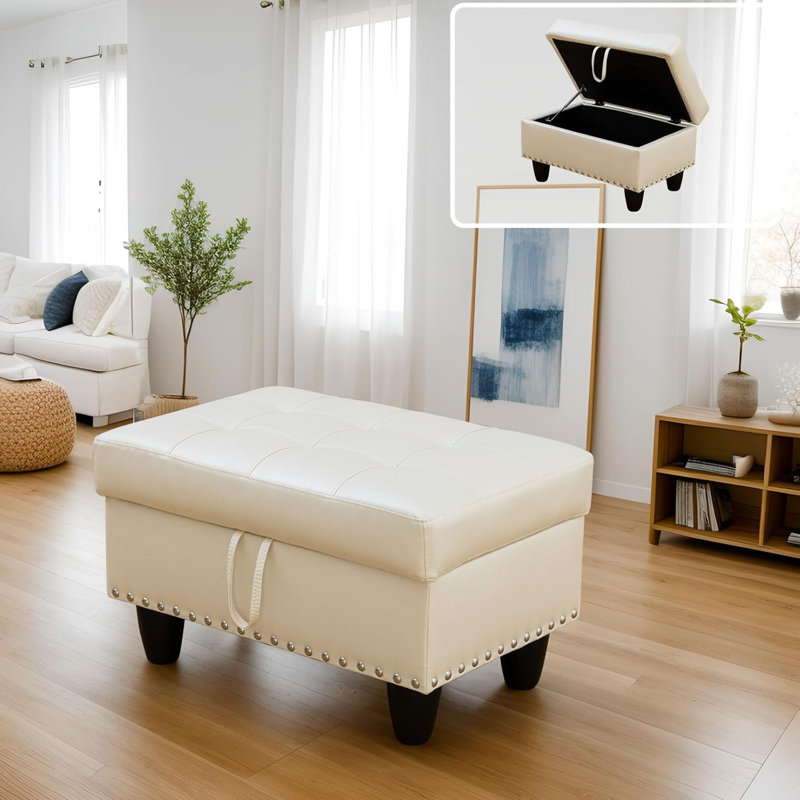 Tufted Storage Ottoman With Nailhead Trim, White