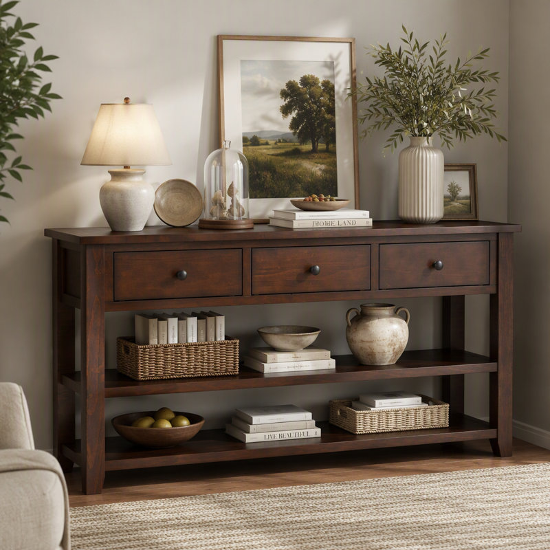 Console avec étagères ouvertes et tiroirs, dosseret de rangement en bois massif et MDF, H 30 po x l 50 po x P 16 po