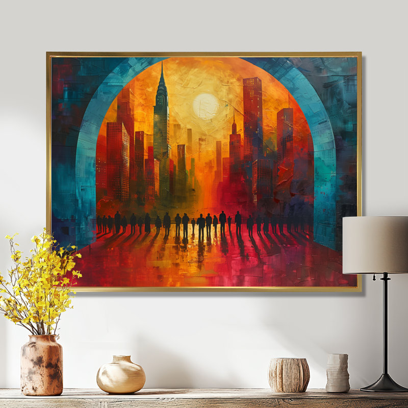 Rouge, bleu, ville, connexion, été, ciel, gratte-ciel, ponts, art mural, salon, Cadre flottant doré, H 16 po x l 32 po