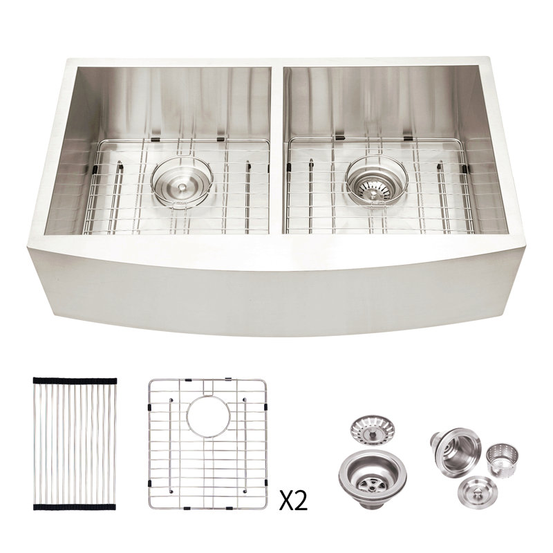 Double Bowl (50/50) Farmhouse Sink - Stainless Steel Apron Front Kitchen Sink 16 Gauge With Two Deep Basin