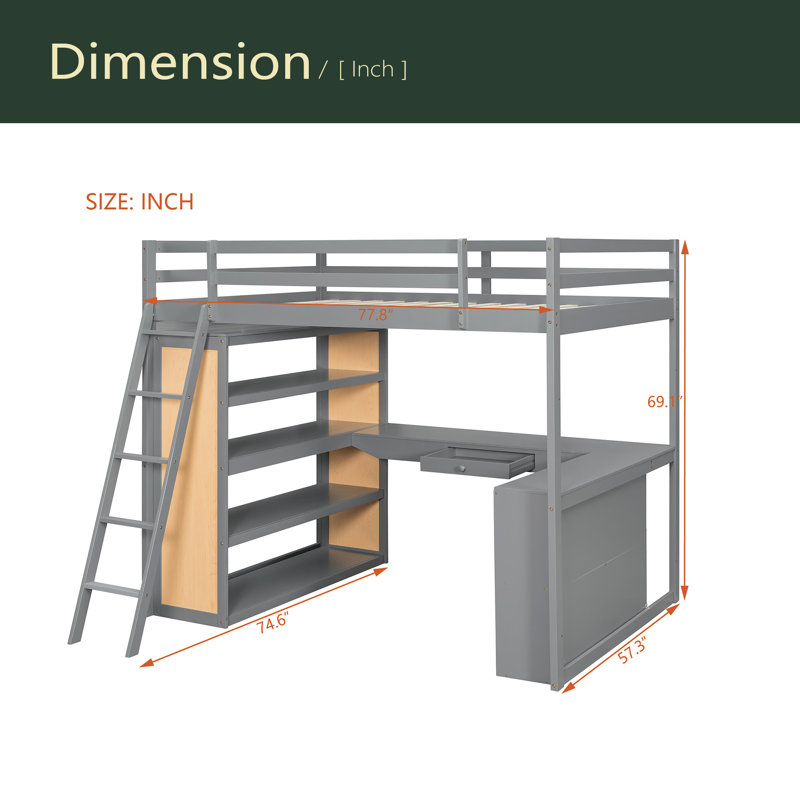 Lit mezzanine double avec échelle, tablettes et bureau