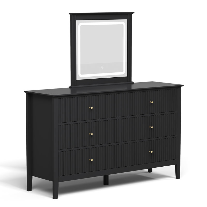 Commode 6 tiroirs avec miroir lumineux, Noir
