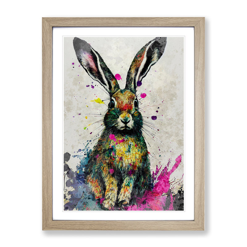 Colourful Watercolour Hare No.3 - Framed Print, 64cm H x 46cm W x 2cm D, Oak
