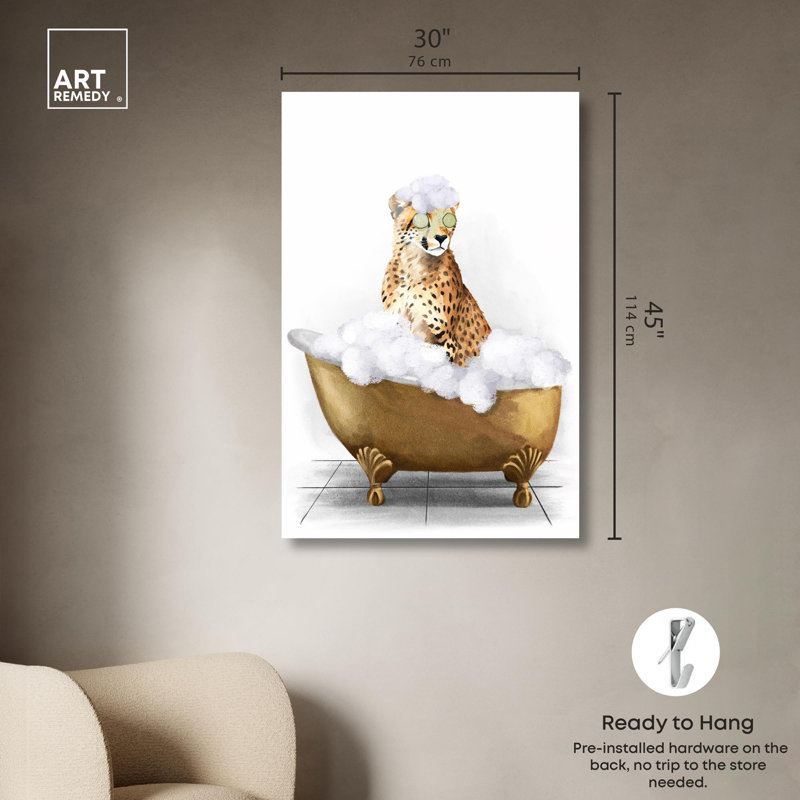 «Bathtime Cheetah», reproduction d'art à la mode sur toile par Art Remedy, 45" H x 30" W