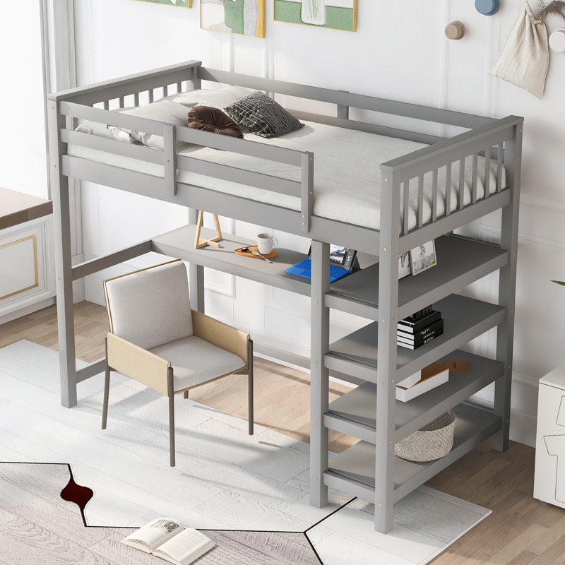 Lit mezzanine avec tablettes de rangement et bureau sous le lit, poste de travail compact en bois massif, Gris, Lit simple