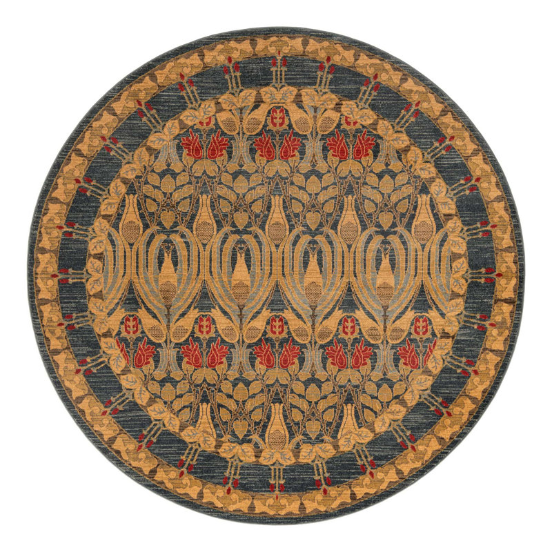 Tapis carré en polypropylène tissé à la machine en rouge / brun / bleu Akane, Rond 7 pi 10 po