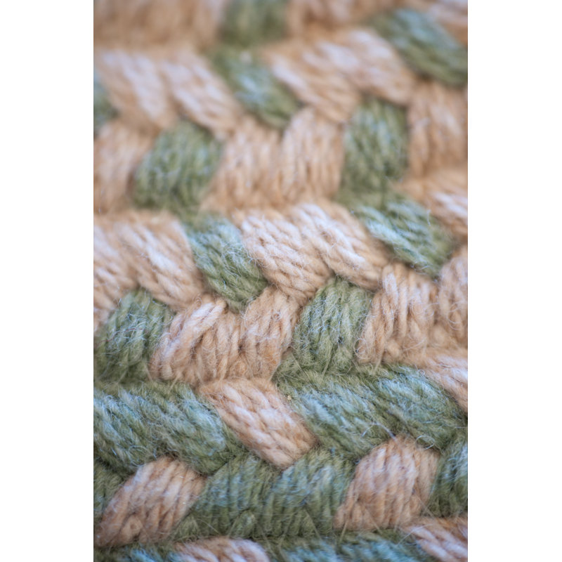 Green and Beige Oval Braided Wool Blend Runner Rug