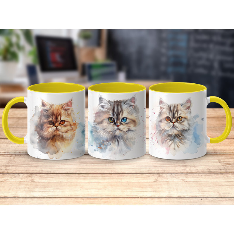 Cat Design 11oz Accent Mug – White Ceramic Coffee Cup with Colored Handle and Interior, 2, Yellow