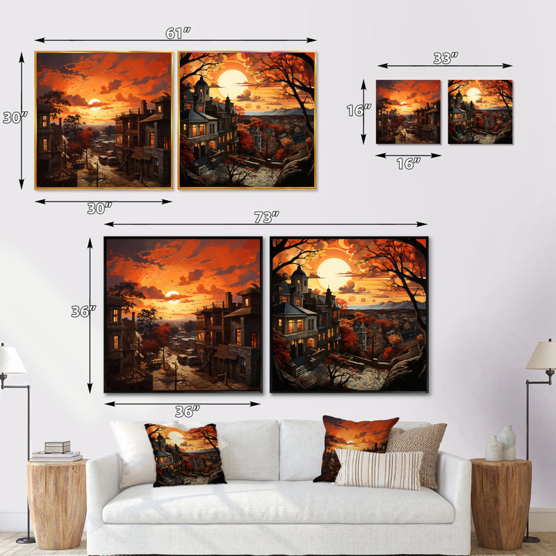 Village Harlem - Horizons au coucher du soleil, Cadre flottant noir, H 36 po x l 73 po
