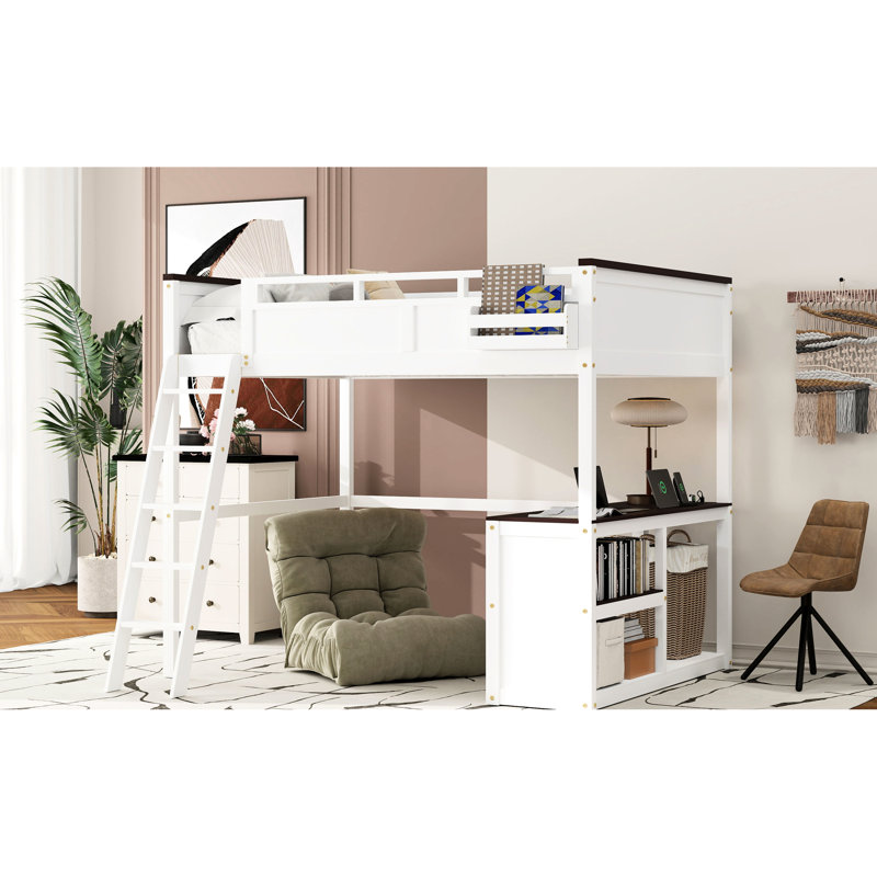 Grand lit mezzanine avec bureau, tablette ouverte et boîte de rangement en bois massif blanc, garde-corps pleine longueur, tablettes pratiques, instructions d'assemblage claires et robustes, mode de vie confortable
