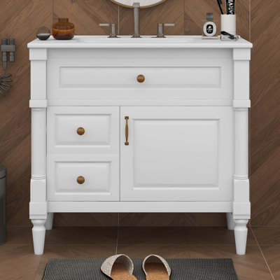 Meuble-lavabo sur pied 36 po avec lavabo, armoire de salle de bain autoportante avec vasque en céramique, tiroir rabattable, tablette réglable, 2 tiroirs
