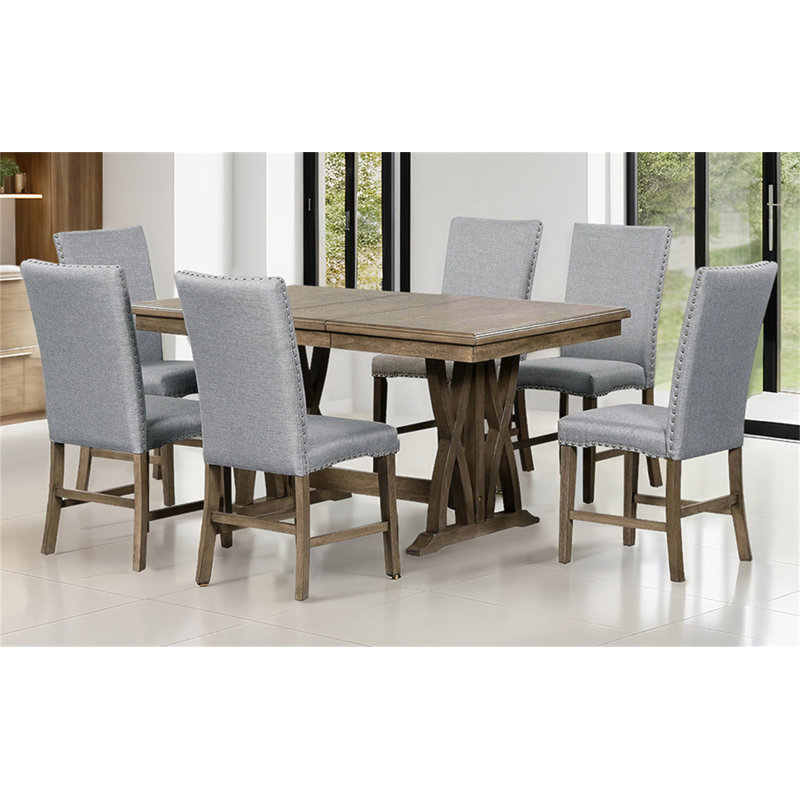 Mid-Century Solid Wood Extendable Dining Table Set with 6 Upholstered Chairs