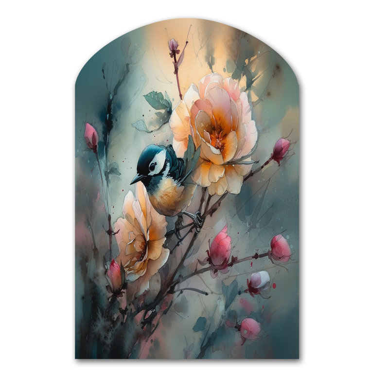 «Blue Little Bird On Rose Tree Banch I», décoration murale en métal à motif floral, H 43 po x l 33 po