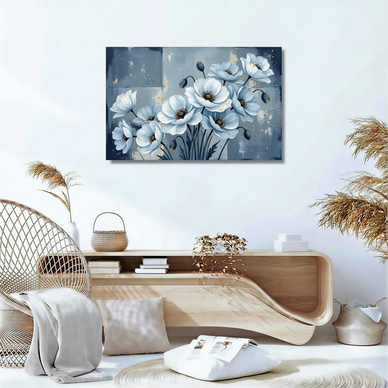 Tableau sur toile représentant des coquelicots bleus aux reflets dorés sur fond gris texturé, H 36 po x l 48 po