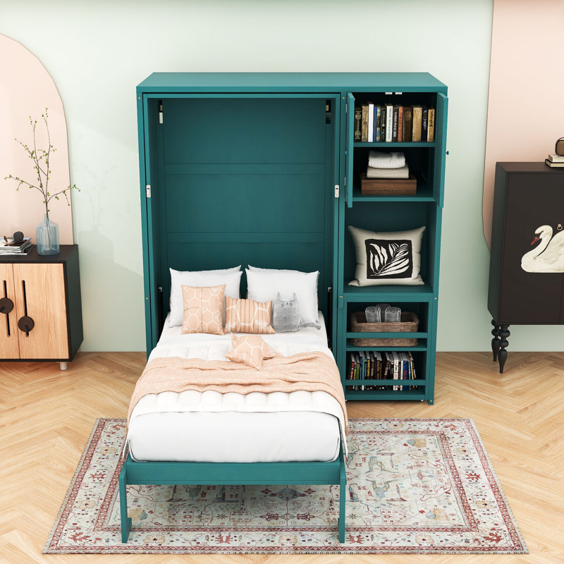 Lit escamotable multifonctionnel en bois avec tablettes de rangement intégrées et bureau extensible, Sarcelle