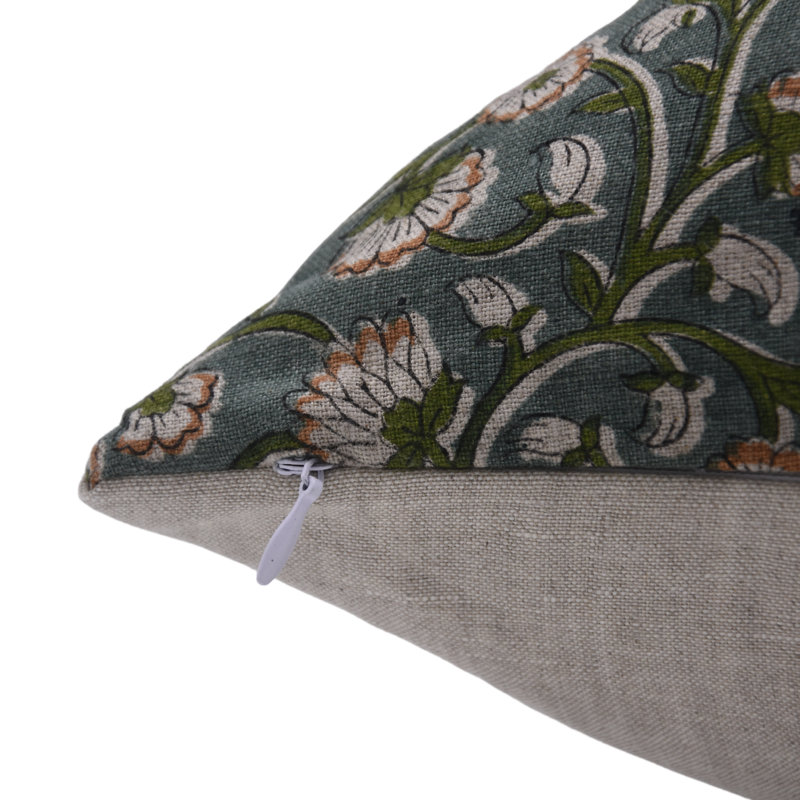Linen Pillow Cover, 16" H x 16" W, Green/Orange Floral 1, Square