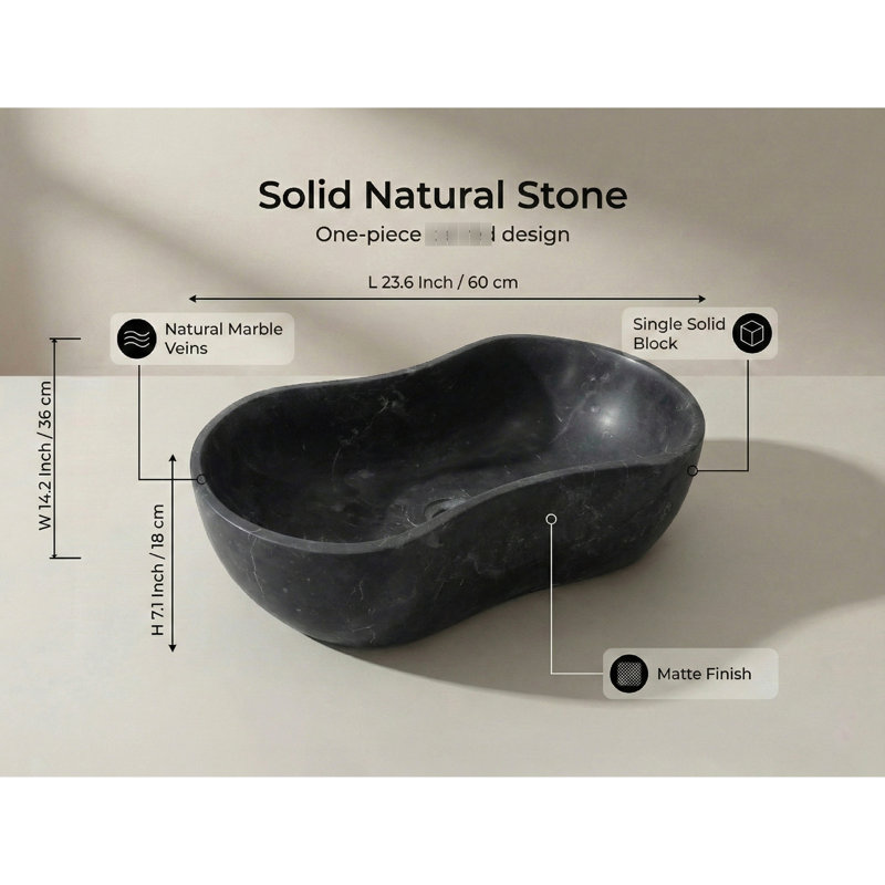 Évier de luxe en marbre naturel gris foncé de 23,6 po, forme ondulée organique, une pièce, finition mate pour la décoration de salle de bain