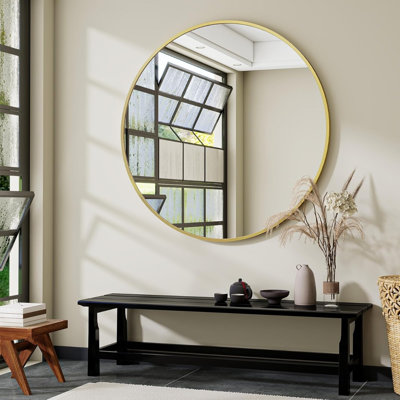Grand miroir de salle de bain rond doré, miroir suspendu mural de 48 pouces avec cadre circulaire en métal moderne pour le couloir, l'entrée et le salon