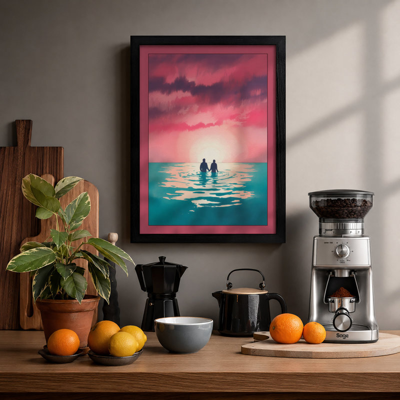 Figures At Sunset Coastal - Print, A2 - 59.4 x 42.0 cm, Black
