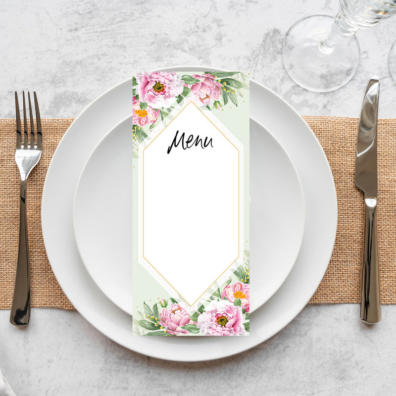 Cartes de menu de mariage imprimables de pivoines classiques pour imprimante de bricolage, paquet de 52