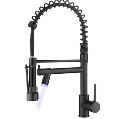 Robinet de cuisine rétractable à DEL - Finition noire, levier simple, rotation 360 °, remplissage en céramique avec poignée noire, technologie de pointe