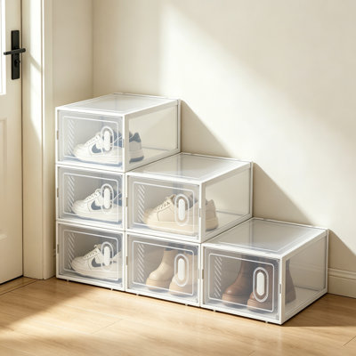 Ensemble de 6 boîtes de rangement pour chaussures empilables en plastique transparent, organisateur de chaussures pliable, 13,4 po x 9,1 po x 5,5 po par boîte, blanc, taille US 5-10 pour garde-robe