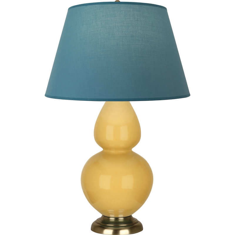 Lampe de table double gourde en céramique, Bleu vif / gris, Jaune coucher de soleil glacé / laiton, Laiton