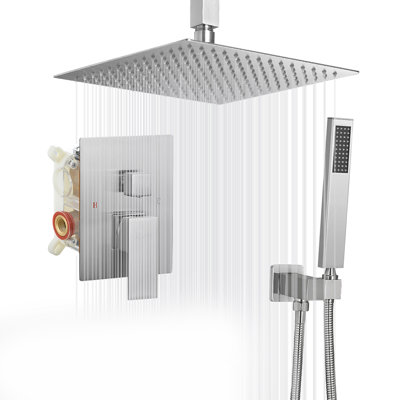 Robinet de douche carré à 2 jets à haute pression avec pomme de douche de plafond de 16 po en noir (valve incluse)