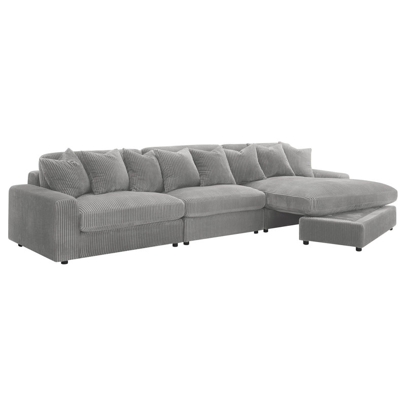 Canapé modulaire 3 pièces avec méridienne réversible Lain, 8 coussins décoratifs Lain, Velours côtelé gris