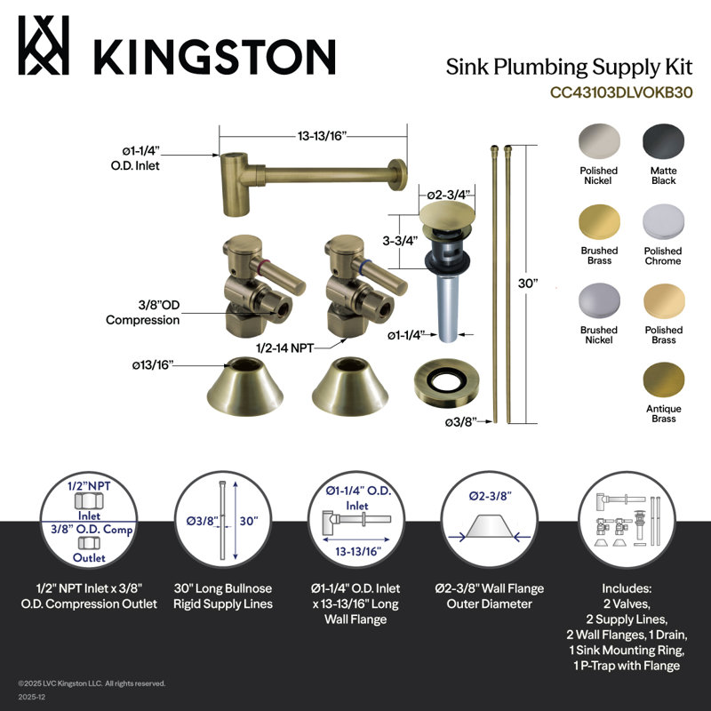 Ensemble de garniture d'évier de plomberie Kingston avec garniture de drain et trop-plein Kingston, Nickel brossé