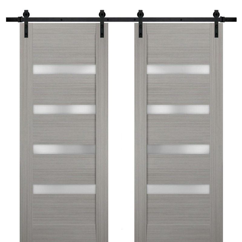 Portes de grange intérieures en bois givré Quadro avec ensemble de quincaillerie d'installation, Noir, 72 po x 80 po