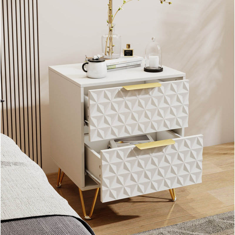 Set of 2 nightstand with Light-Luxury Wall-Mounted Cabinet: 2 Drawers, Bottom support rail, Gold Legs & Handles, 3D Embossed, for Bedroom/Living Room/Office