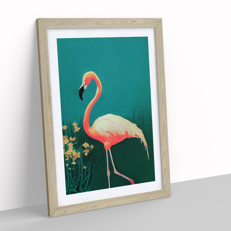 Walking Flamingo - Single Picture Frame Painting, 34cm H x 25cm W x 2cm D, Oak Framed