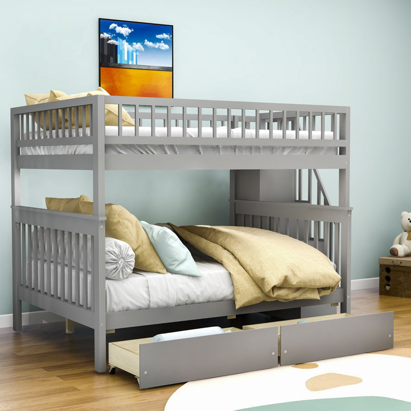 Lit superposé double en bois avec tablettes Graner Kids, gris