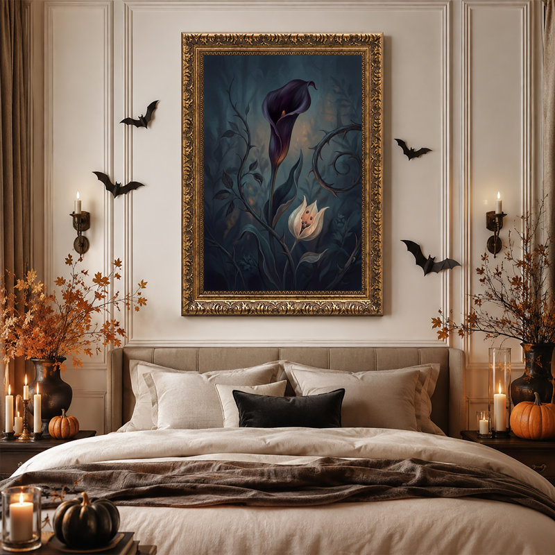 " Dark Purple Calla Lily And Thorny Vines In Moody Halloween " Painting Print, H 30 po x l 20 po