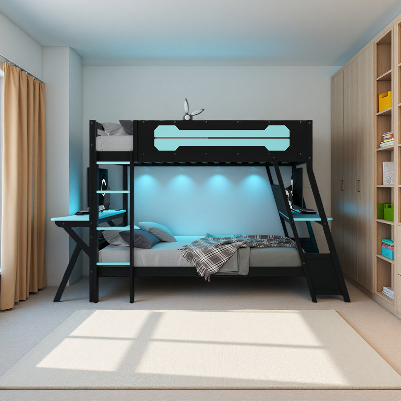 Lit superposé avec deux bureaux de jeu intégrés, Lit superposé double sur double, Bleu