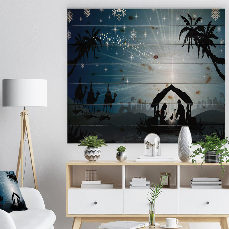 Crèche de noël avec des hommes à trois sages-impression, H 15 po x l 20 po x P 1 po, Bois