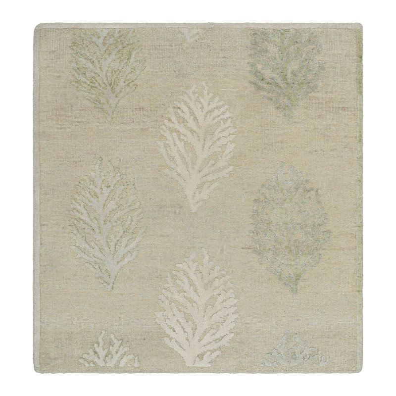 Rug & Kilim’S Block Print Square Rug With Beige And Green Floral Patterns, Rectangle 10' x 14'