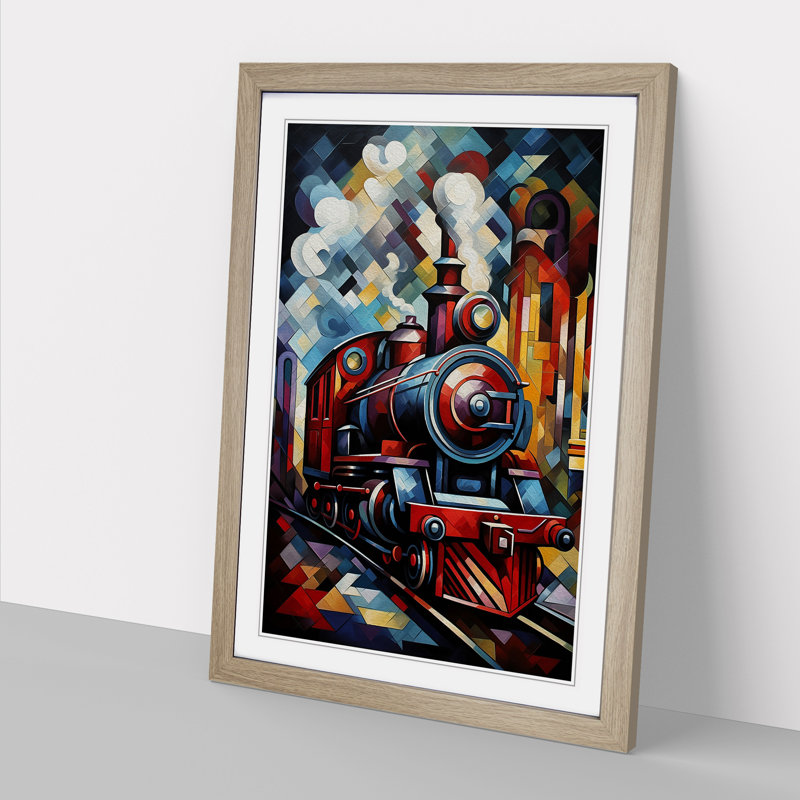 Steam Train Cubism - Framed Print, 34" H x 25" W x 2" D, Oak