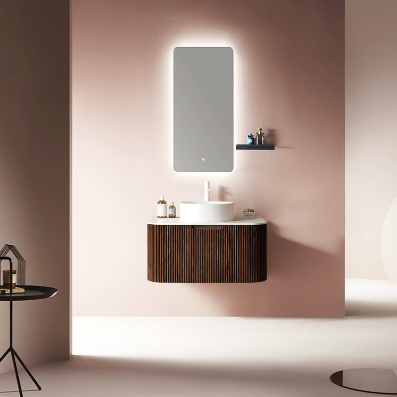 Meuble-lavabo de salle de bain avec lavabo en céramique, armoire de rangement flottante murale pré-assemblée, couleur grain de bois noyer foncé (robinet, drain non inclus)
