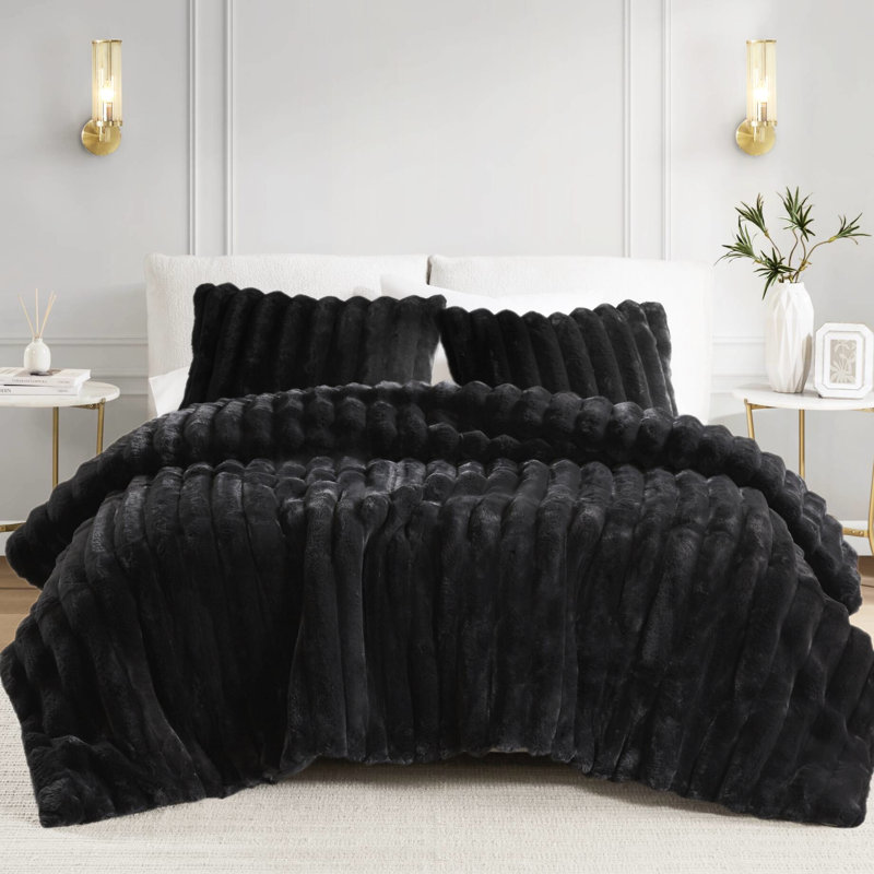 Très grand, 3 pièces, fausse fourrure, édredon, noir, confort douillet, envers, articles non compressés