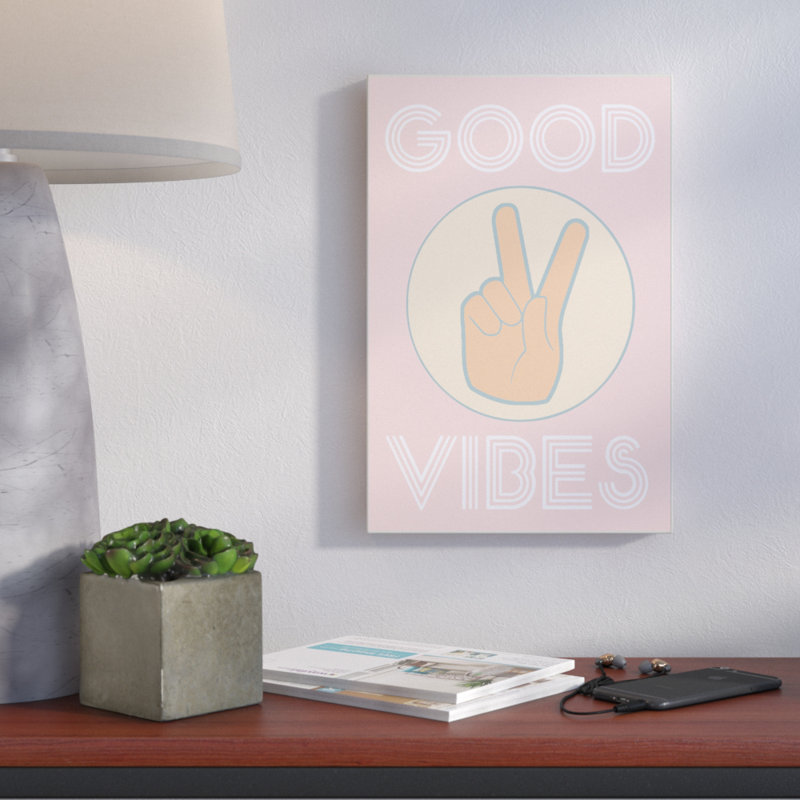 «Good Vibes Peace Hand Pink» par Daphne Polselli - impression d'art textuel, Plaque murale, H 15 po x l 10 po